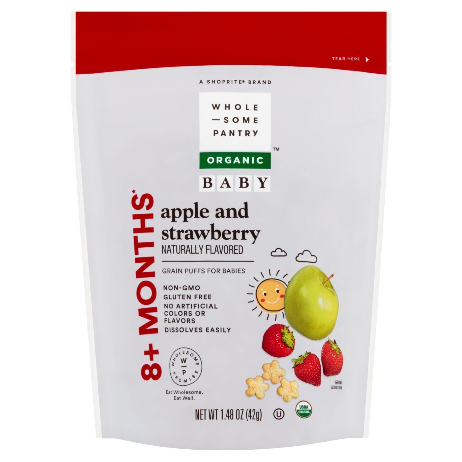 Wholesome Pantry Organic Apple and Strawberry Grain Puffs for Babies, 8+ Months, 1.48 oz