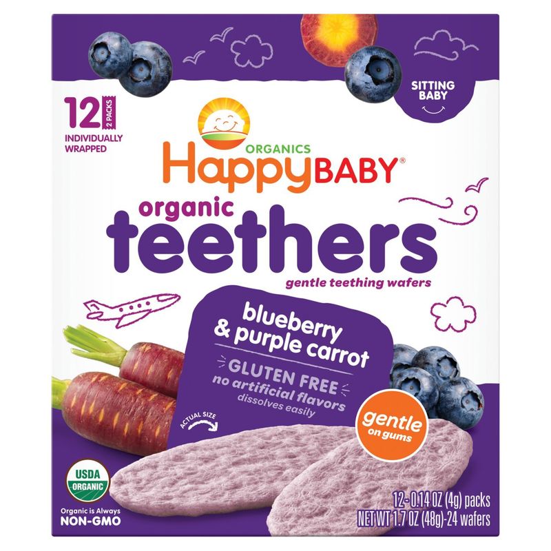 Happy Baby Organics Blueberry &amp; Purple Carrot Organic Teethers, Sitting Baby, 0.14 oz, 12 count