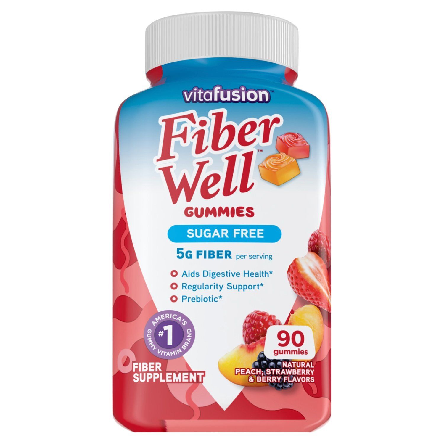 Vitafusion Fiber Well Natural Peach, Strawberry &amp; Berry Flavors Gummies Fiber Supplement, 90 count