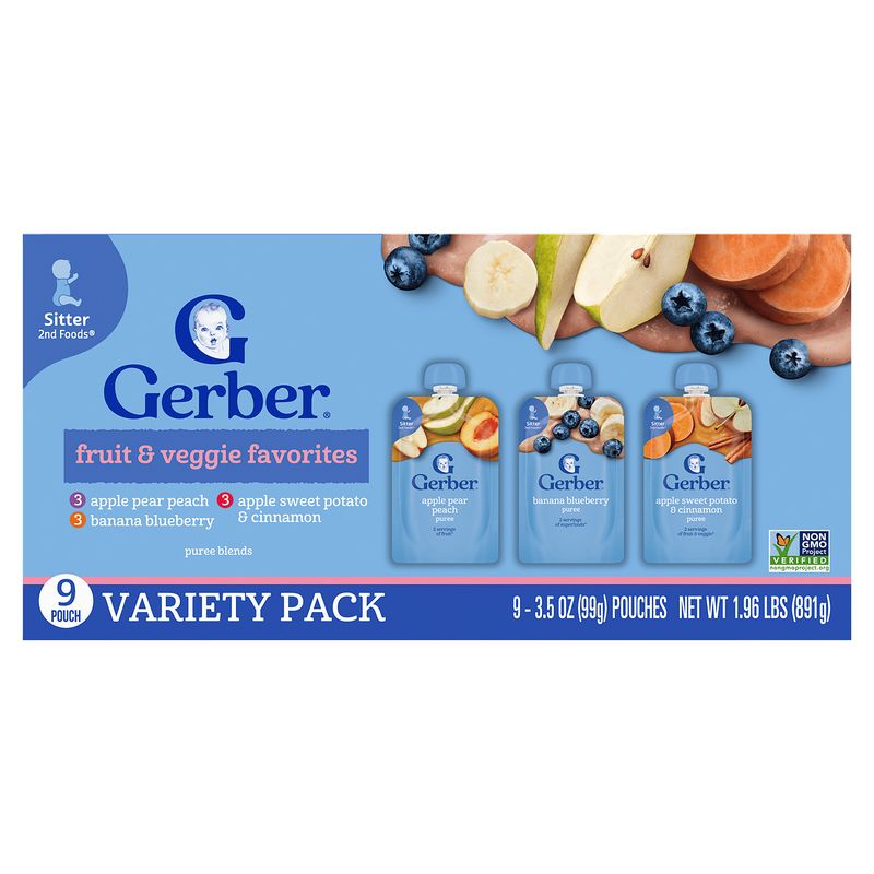 Gerber Fruit &amp; Veggie Puree Blends Baby Food Variety Pack, Toddler 12+ months, 3.5 oz, 9 count