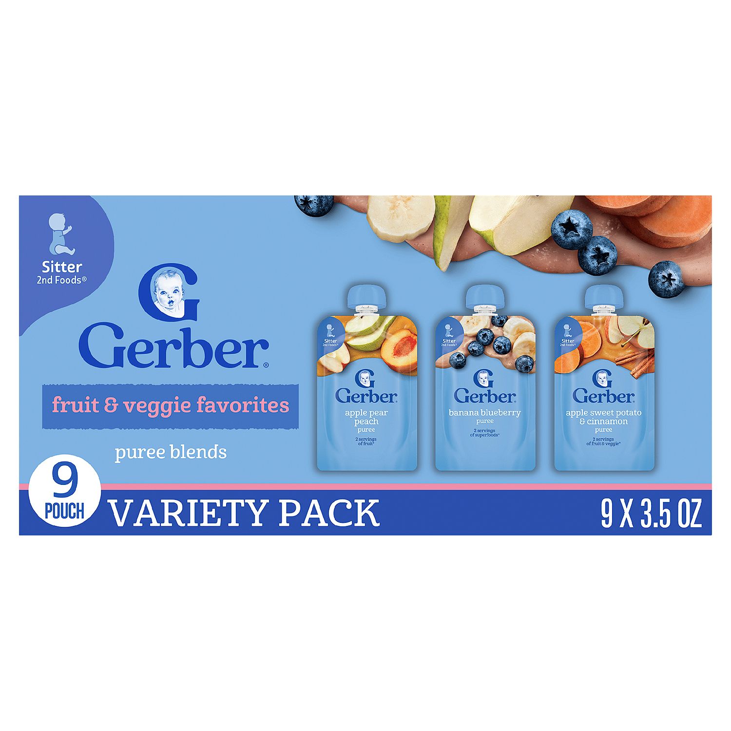 Gerber Fruit &amp; Veggie Puree Blends Baby Food Variety Pack, Toddler 12+ months, 3.5 oz, 9 count