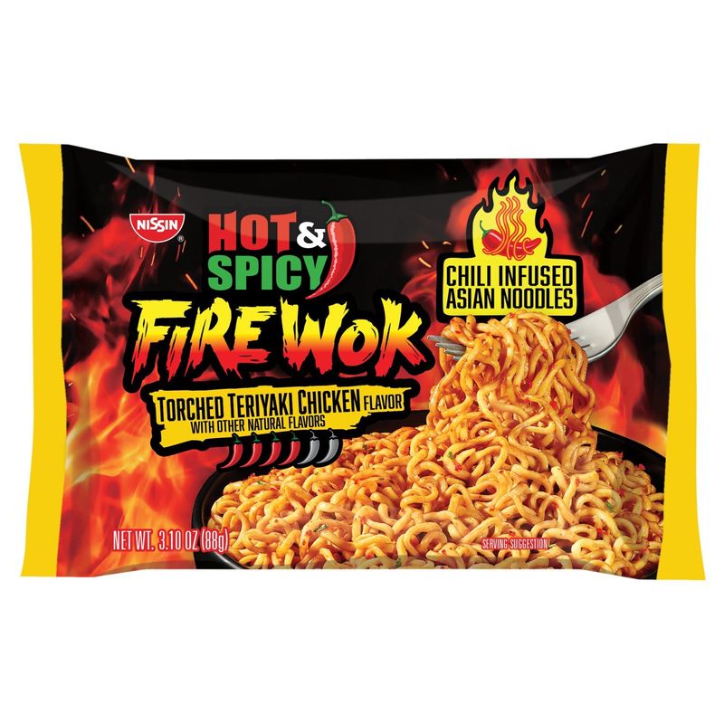 Nissin Hot &amp; Spicy Fire Wok Torched Teriyaki Chicken Flavor Chili Infused Asian Noodles, 3.10 oz