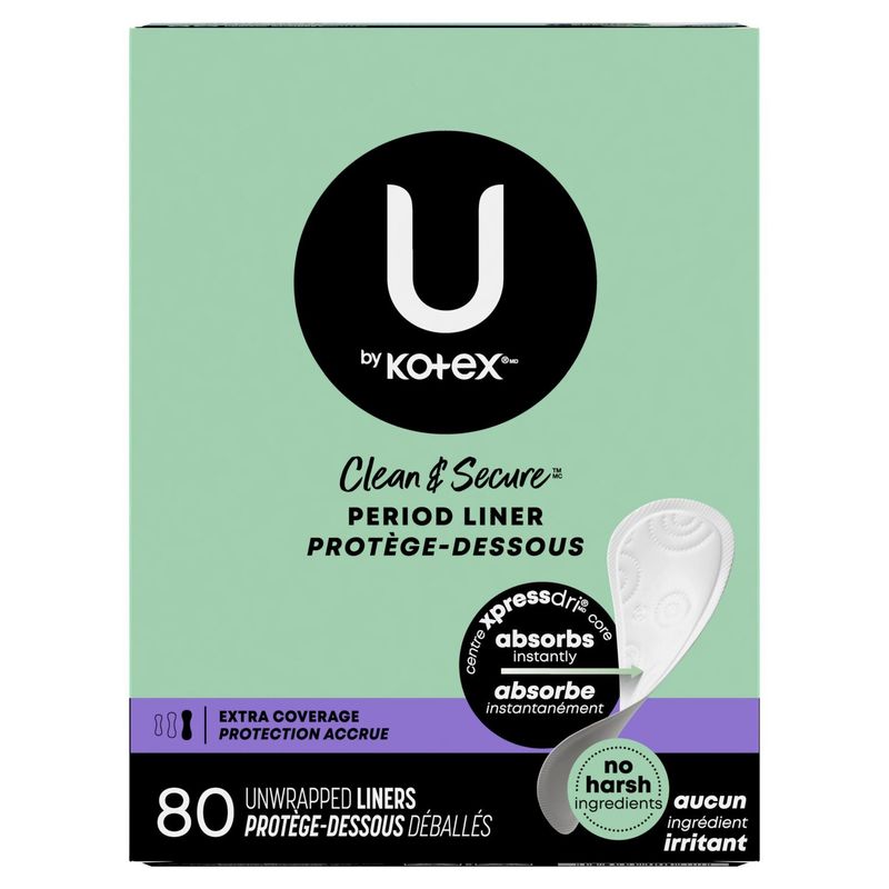 U by Kotex Clean &amp; Secure Extra Coverage Period Liner, 80 count