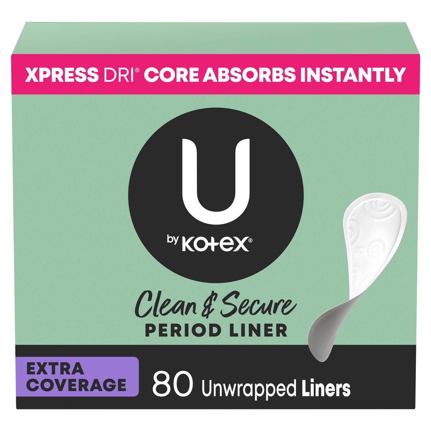 U by Kotex Clean &amp; Secure Extra Coverage Period Liner, 80 count