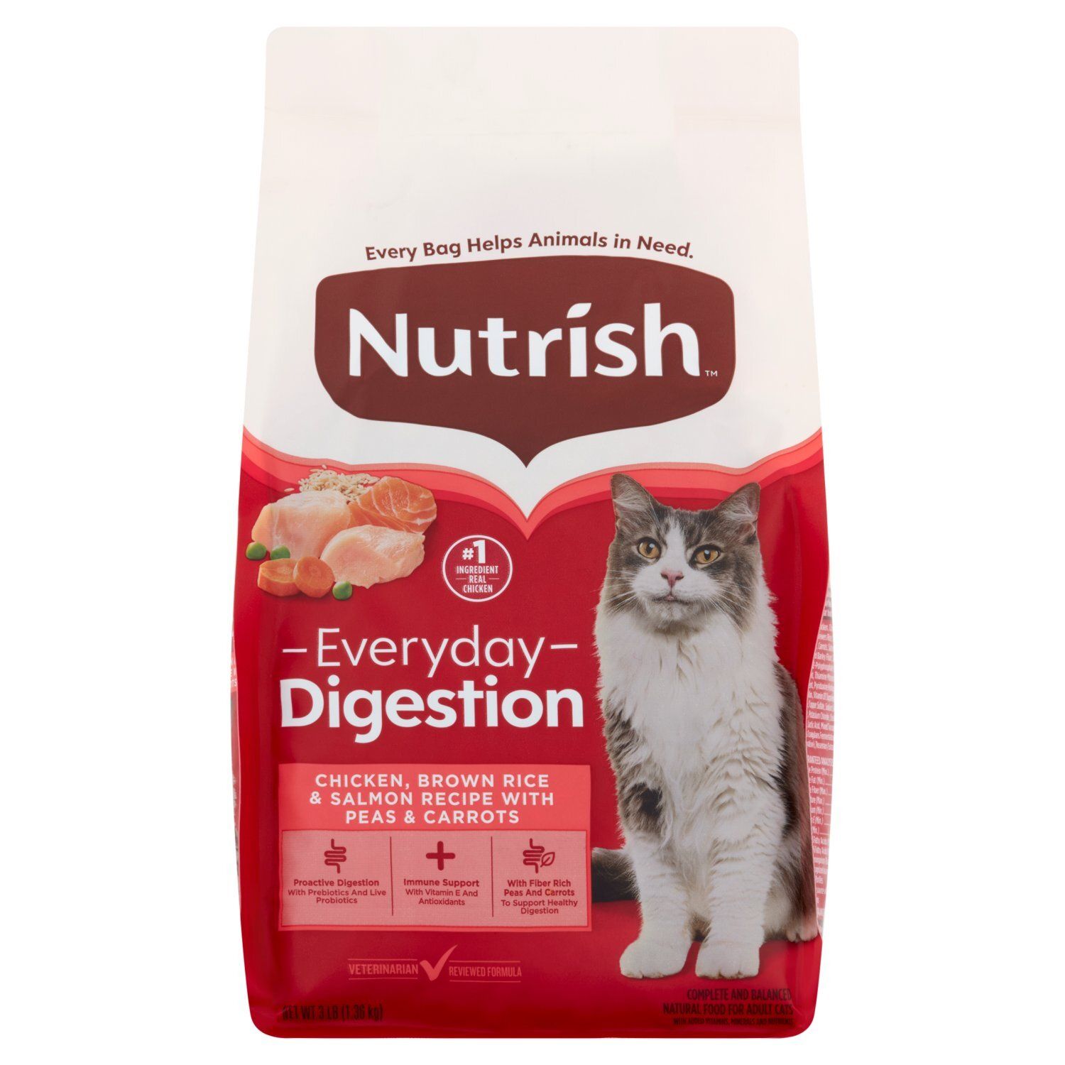 Nutrish Everyday Digestion Chicken, Brown Rice &amp; Salmon Recipe with Peas &amp; Carrots Cat Food, 3 lb