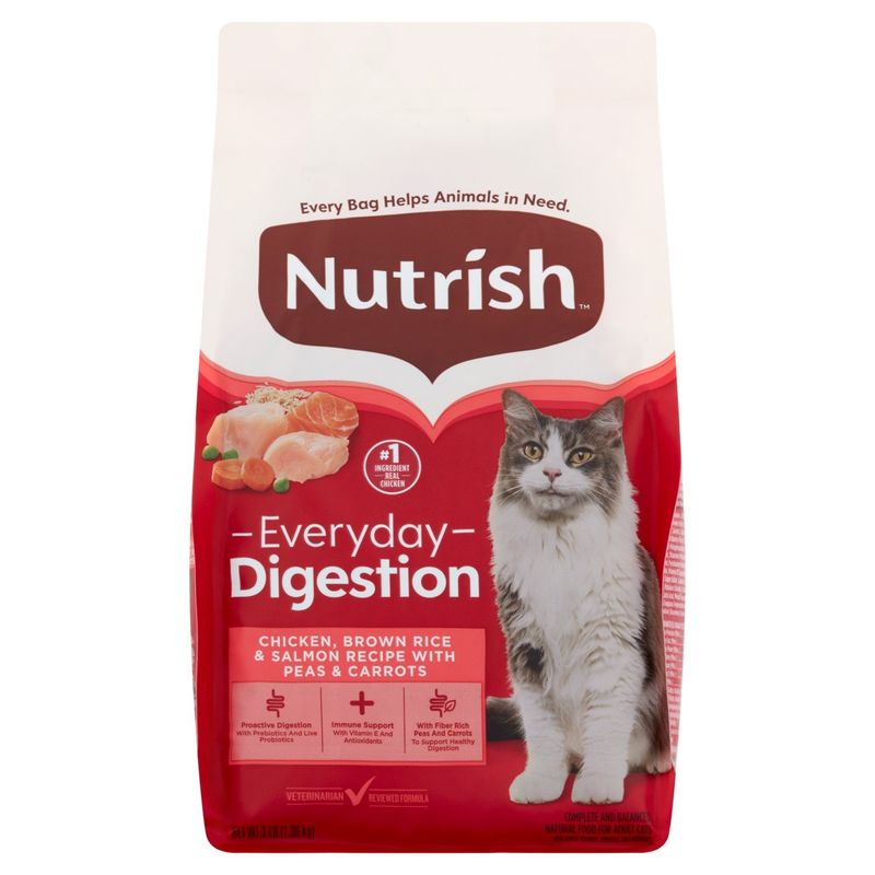 Nutrish Everyday Digestion Chicken, Brown Rice &amp; Salmon Recipe with Peas &amp; Carrots Cat Food, 3 lb