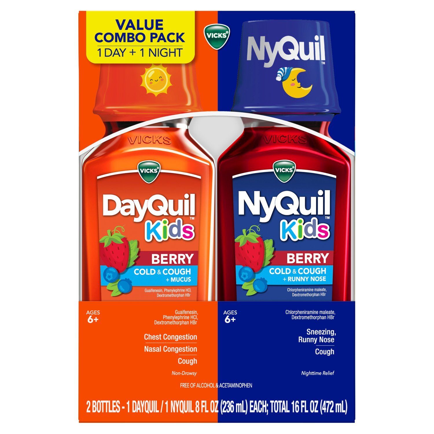 Vicks DayQuil &amp; NyQuil Kids Berry Cold &amp; Cough Liquid Value Combo Pack, Ages 6+, 8 fl oz, 2 count