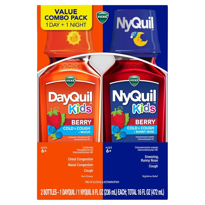 Vicks DayQuil &amp; NyQuil Kids Berry Cold &amp; Cough Liquid Value Combo Pack, Ages 6+, 8 fl oz, 2 count