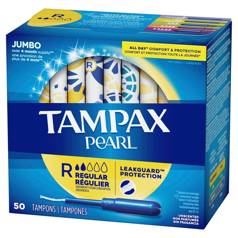 TAMPAX Pearl Regular Absorbency Unscented Tampons Jumbo, 50 count