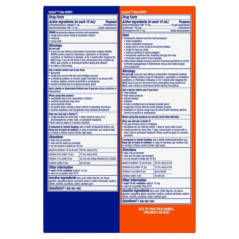 Vicks DayQuil &amp; NyQuil Kids Berry Cold &amp; Cough Liquid Value Combo Pack, Ages 6+, 8 fl oz, 2 count