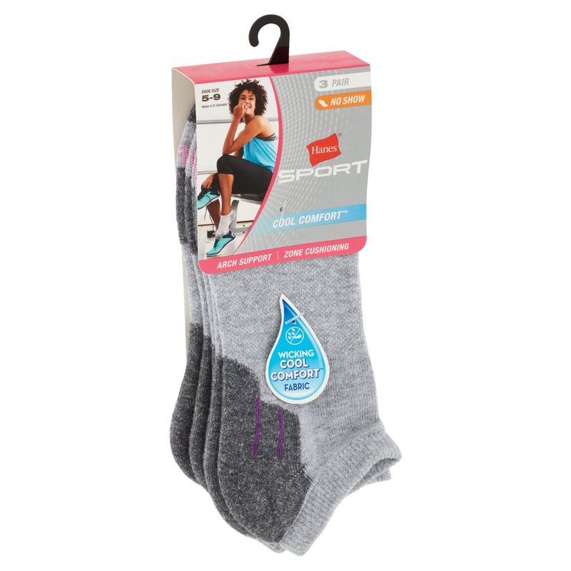Hanes Cool Comfort Sport Grey No Show Socks, Size 5-9, 3 pair