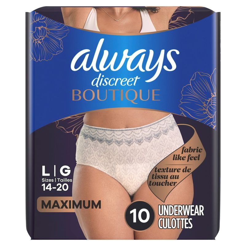 Always Discreet Boutique Maximum Underwear, L, Sizes 14-20, 10 count