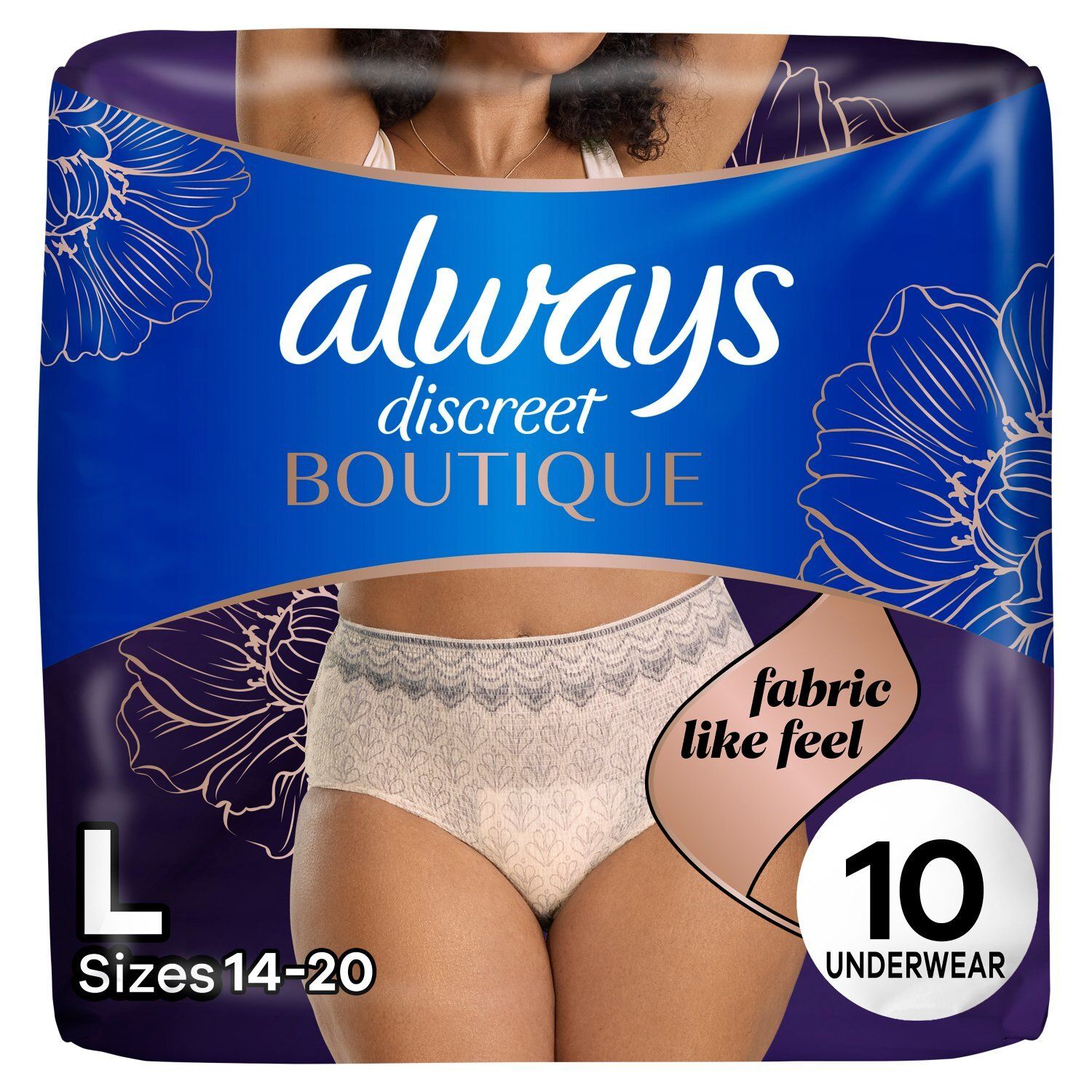 Always Discreet Boutique Maximum Underwear, L, Sizes 14-20, 10 count