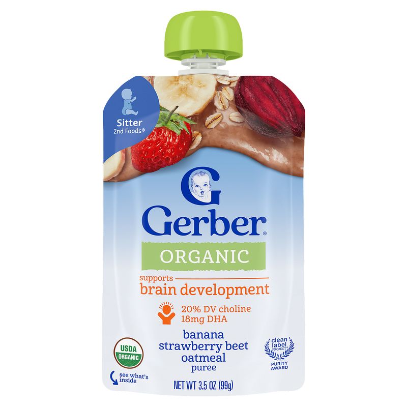 Gerber 2nd Foods Organic Banana Strawberry Beet Oatmeal Puree Baby Food, Sitter, 3.5 oz