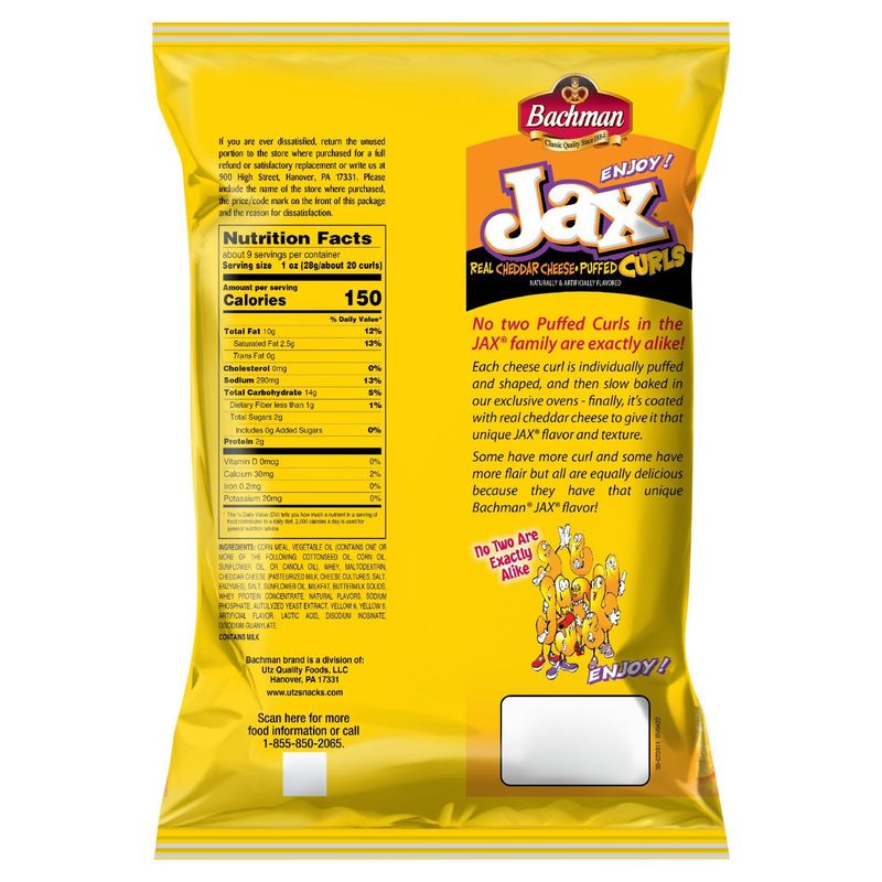 Bachman Jax Puffed Curls Cheese Flavored Corn Snacks, 8.5 oz
