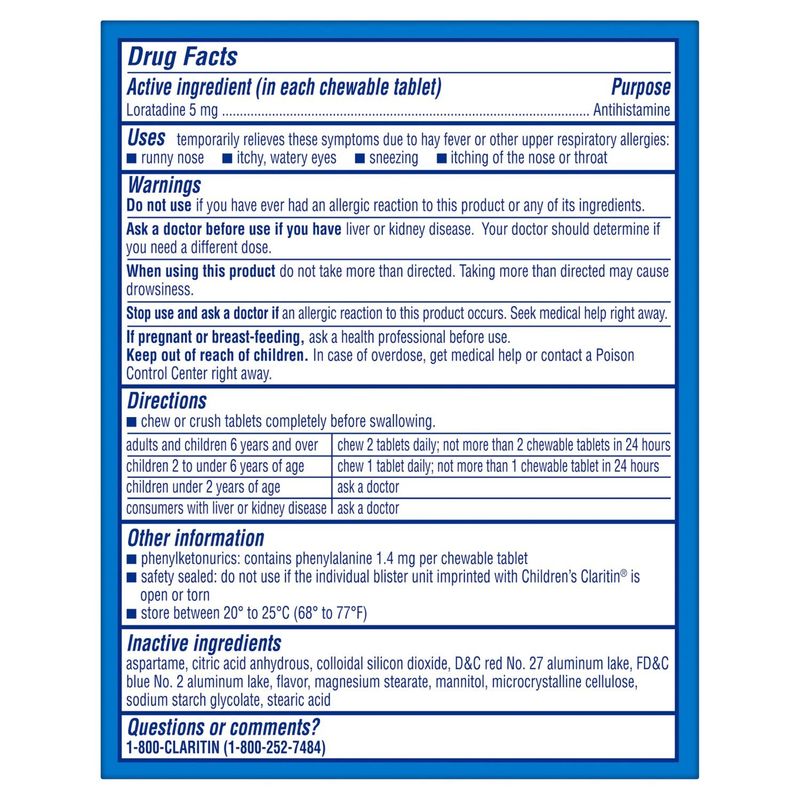 Claritin Children's Grape Flavored Chewable Tablets, 5 mg, Ages 2+ Years, 10 count