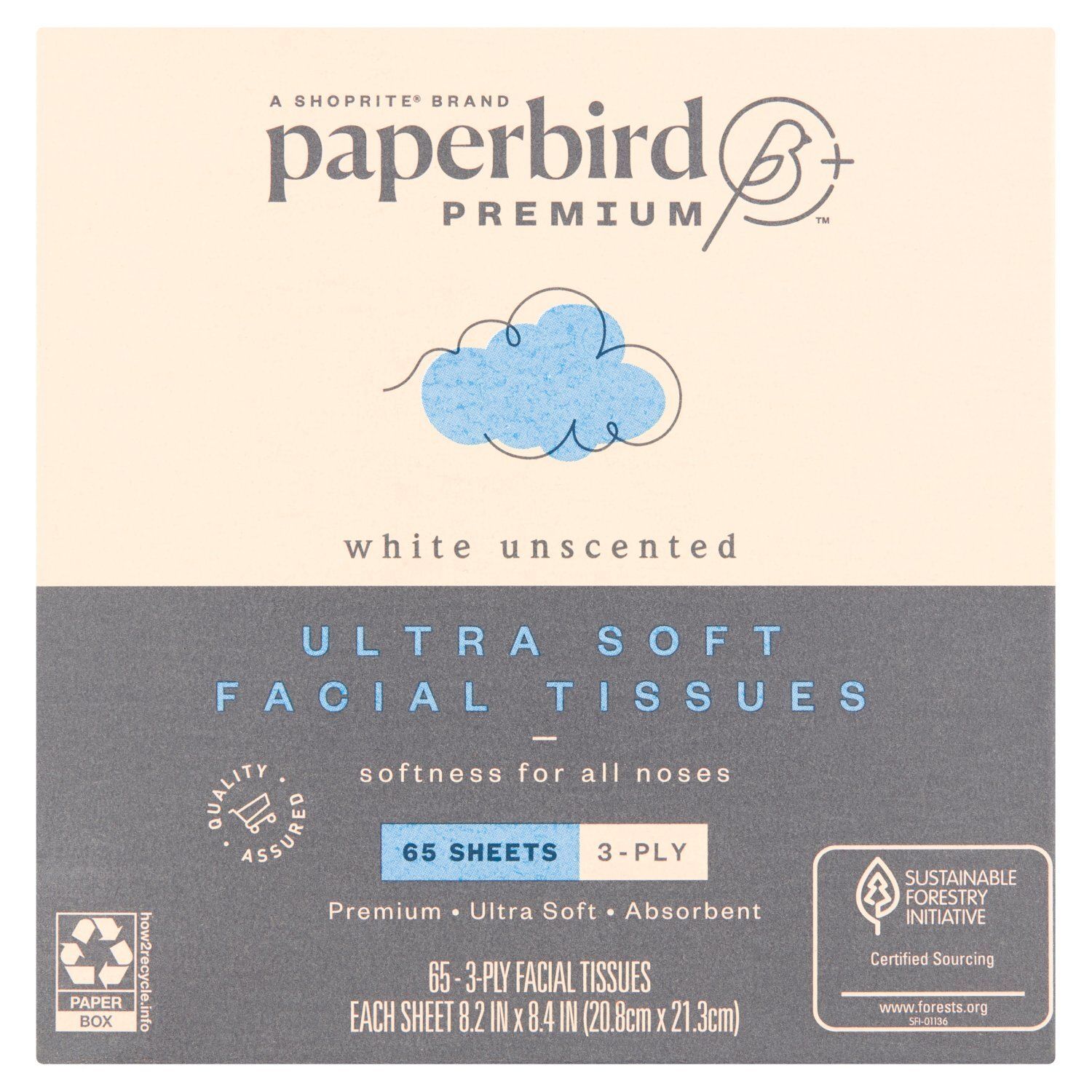 Paperbird Premium White Unscented Ultra Soft Facial Tissues, 65 3-ply tissues per box