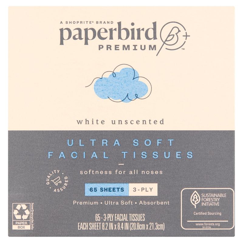 Paperbird Premium White Unscented Ultra Soft Facial Tissues, 65 3-ply tissues per box