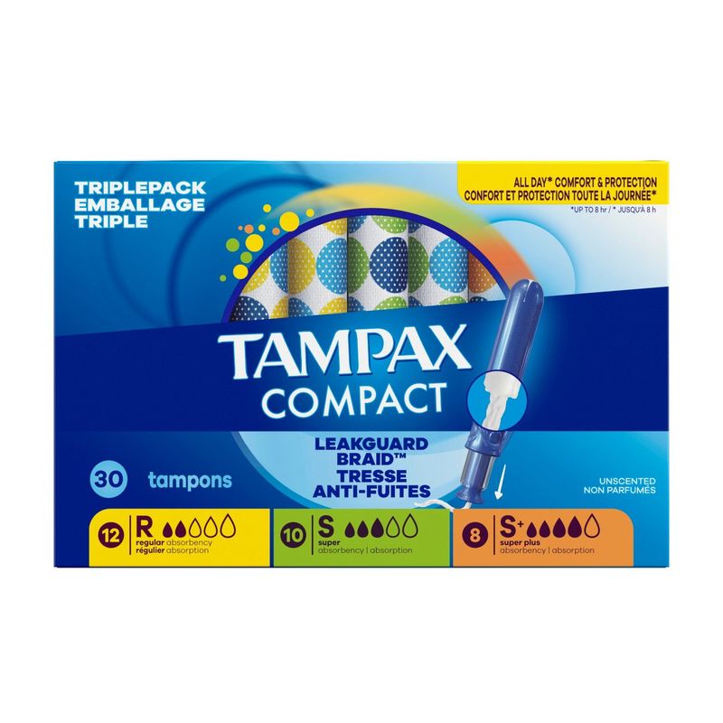 Tampax Compact Pearl Tampons Multipack, with LeakGuard Braid &amp; Extendable Applicator, Regular/Super
