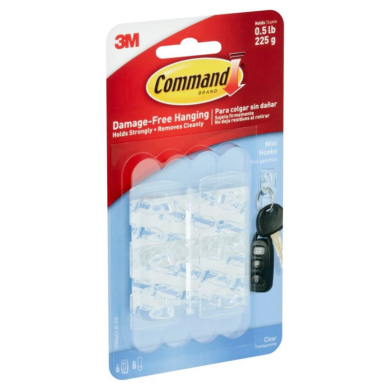 Command™ Clear Mini Hooks, 6 Hooks, 8 Strips/Pack