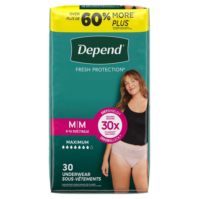 Depend Fresh Protection Maximum Underwear, Size M, 30 count