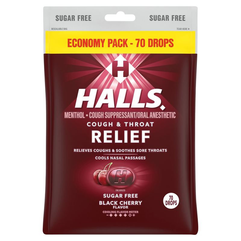 Halls Relief Sugar Free Black Cherry Flavor Drops Economy Pack, 70 count
