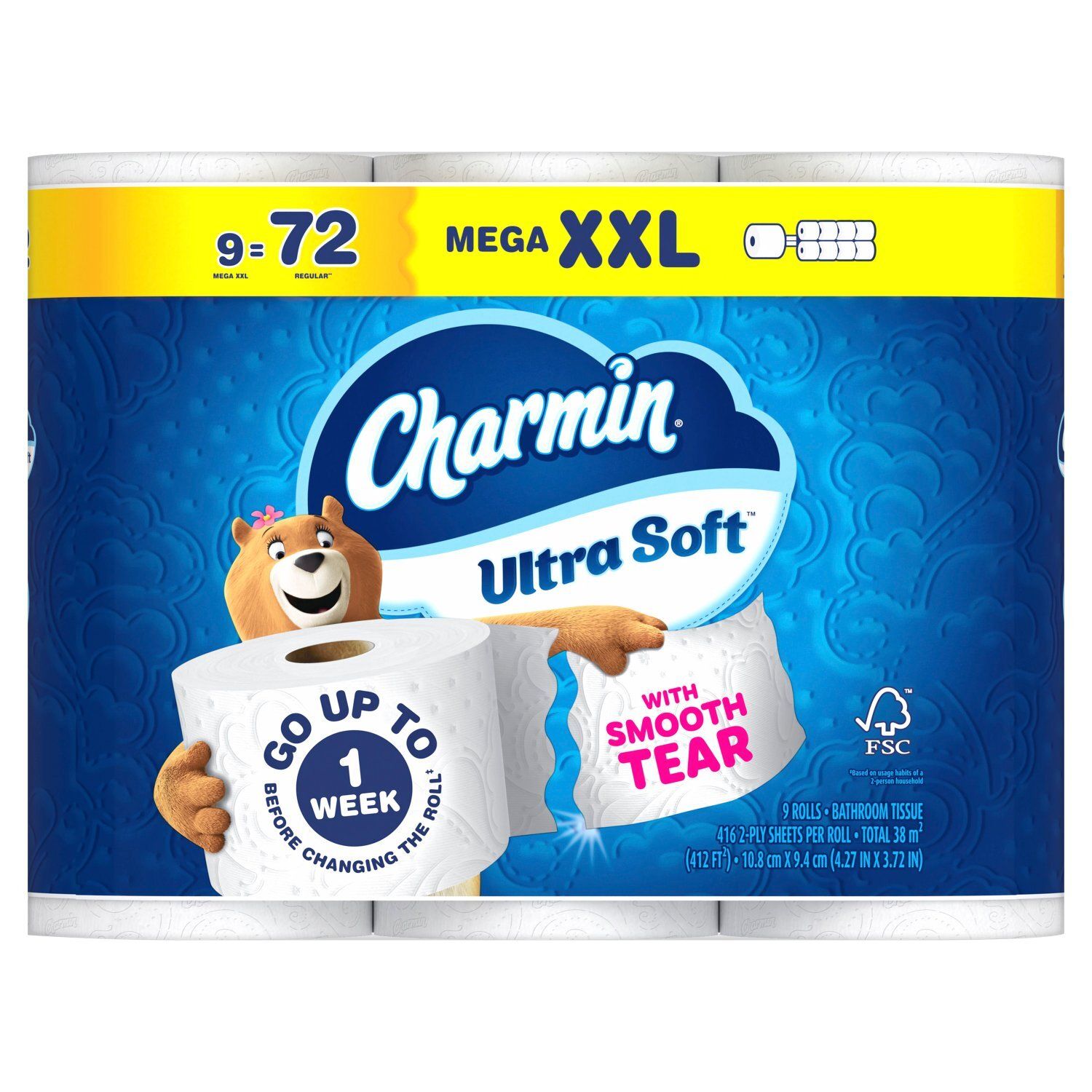 Charmin Ultra Soft Mega XXL Bathroom Toilet Paper, 416 2-ply sheets per roll, 9 count