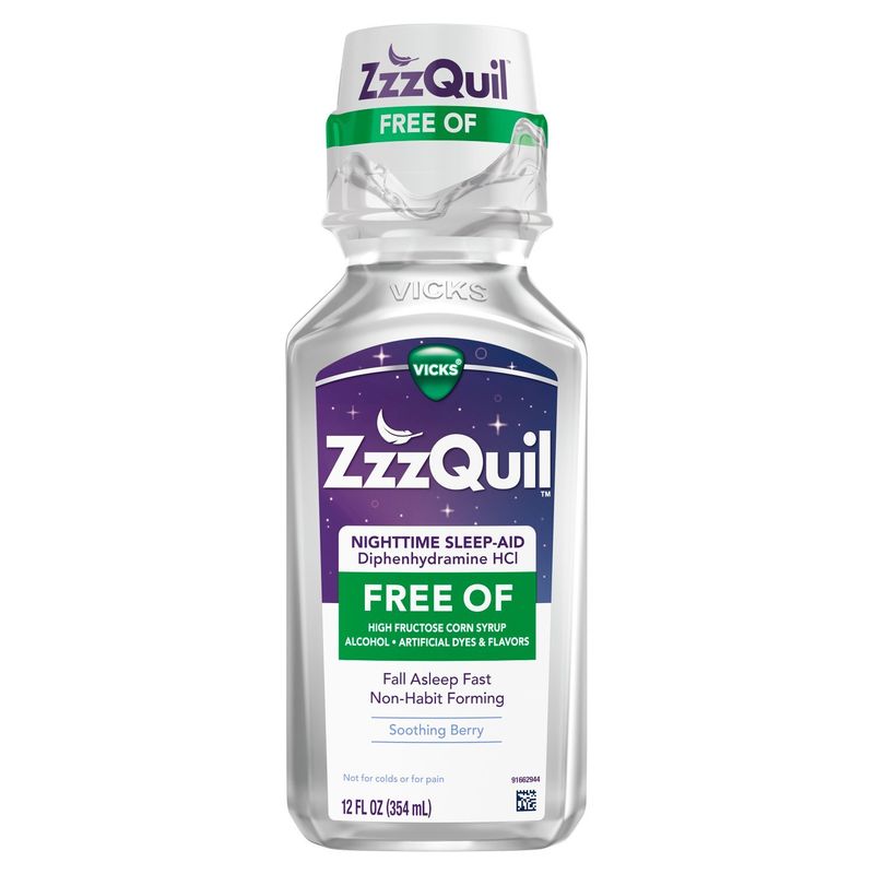 ZzzQuil Liquid Sleep Aid, Diphenhydramine 50mg HCI, FREE OF Alcohol and Artificial Dyes, Nighttime