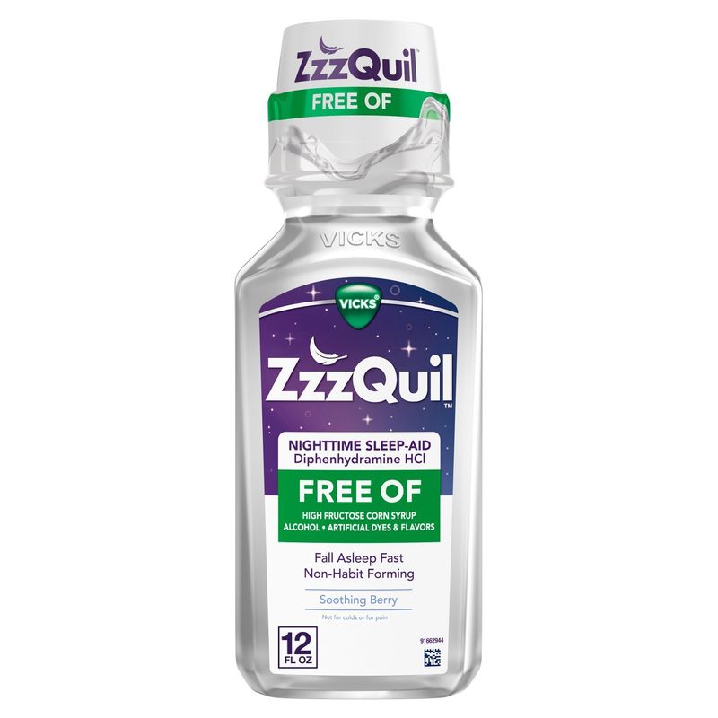 ZzzQuil Liquid Sleep Aid, Diphenhydramine 50mg HCI, FREE OF Alcohol and Artificial Dyes, Nighttime