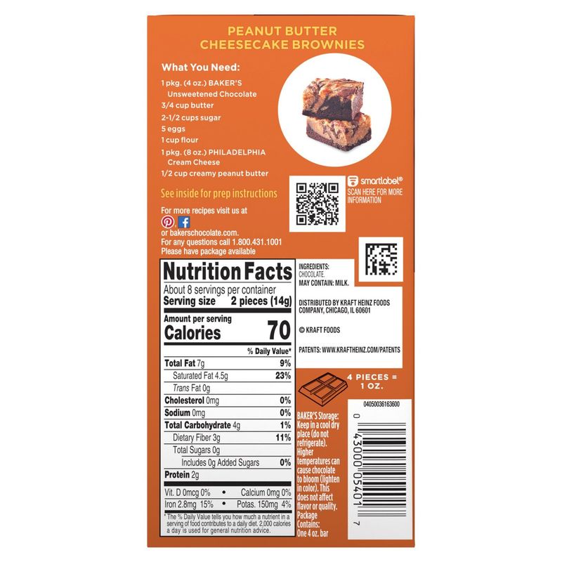 Baker's Unsweetened Chocolate Premium Baking Bar, 4 oz