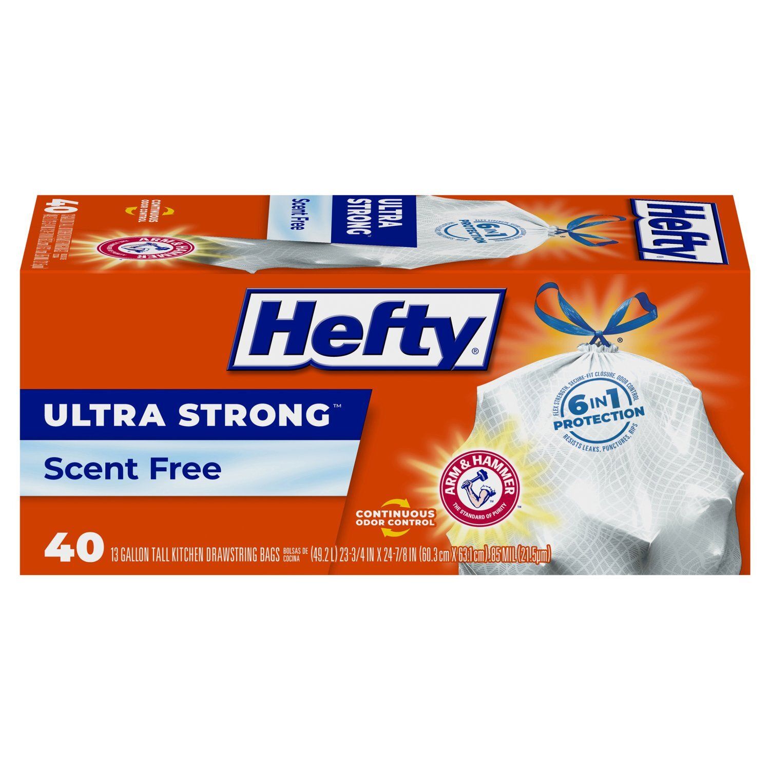 Hefty Ultra Strong Scent Free Tall Kitchen Drawstring Bags, 13 gallon, 40 count