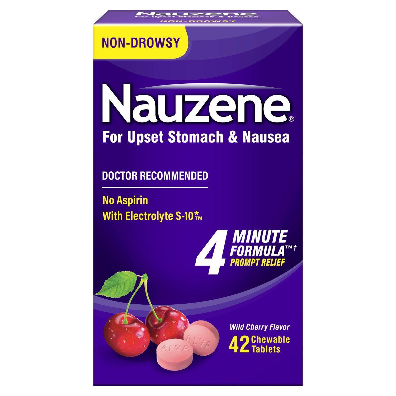 Nauzene Wild Cherry Flavor Non-Drowsy for Upset Stomach &amp; Nausea Chewable Tablets, 42 count