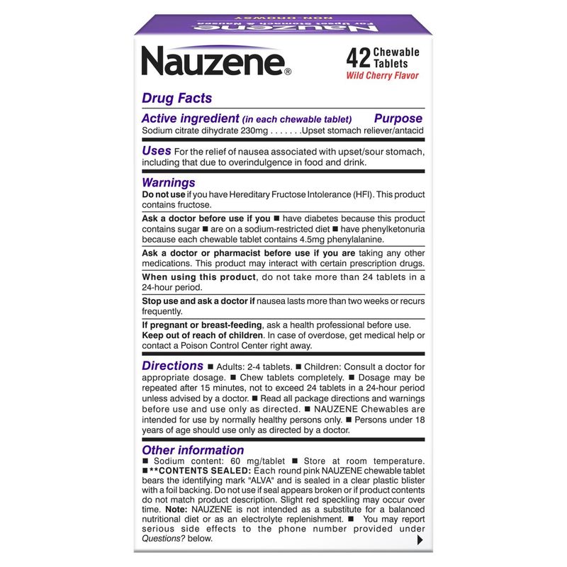 Nauzene Wild Cherry Flavor Non-Drowsy for Upset Stomach &amp; Nausea Chewable Tablets, 42 count