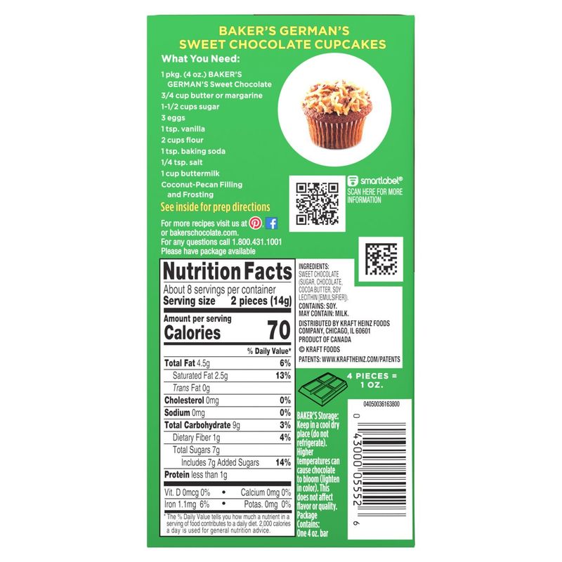 Baker's Premium Baking Bar German's Sweet Chocolate, 4 oz