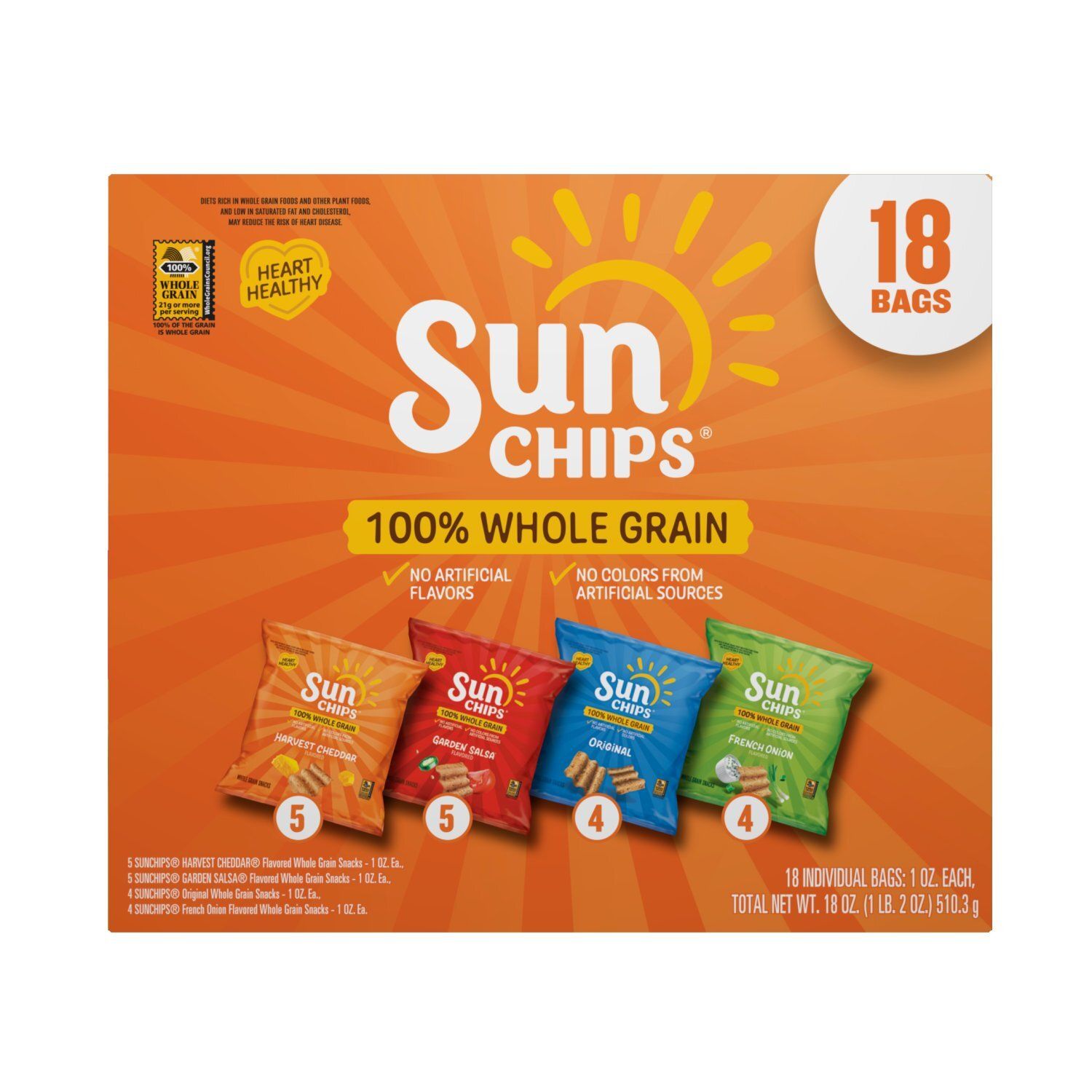SunChips Whole Grain Snacks Variety Pack, 18 Oz, 18 Count