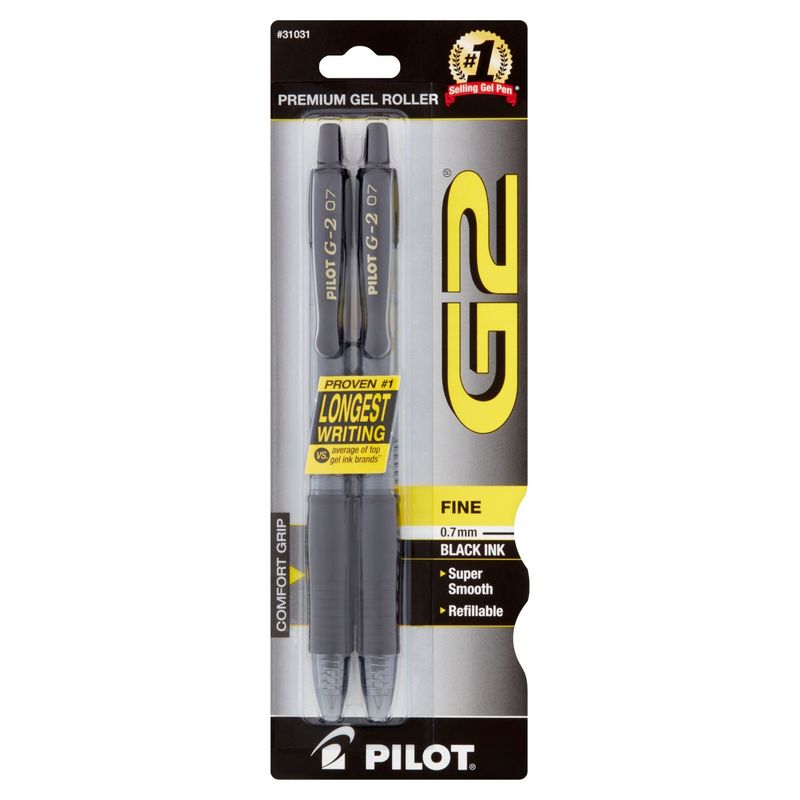 Pilot G2 Fine 0.7 mm Black Ink Premium Gel Roller Pens, 2 count