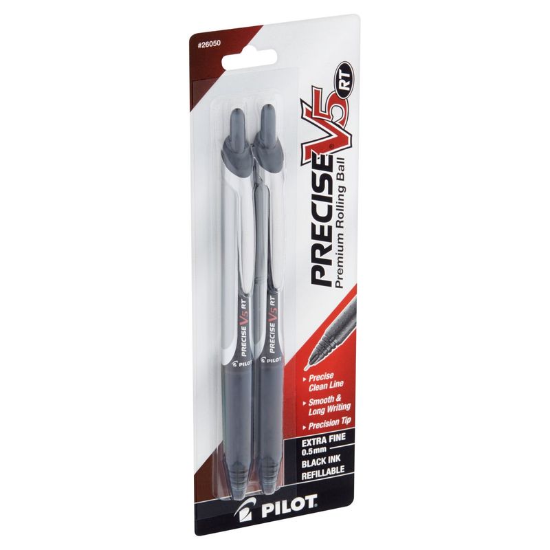 Pilot Precise V5 RT Extra Fine 0.5 mm Black Ink Refillable Premium Rolling Ball Pen, 2 count