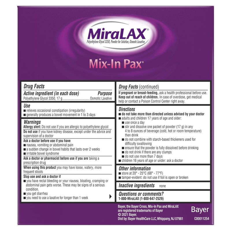 MiraLAX Mix-In Pax Unflavored Powder Laxative, 10 count, 0.5 oz