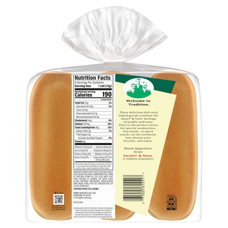 Anzio &amp; Sons Bakery Sub Enriched Rolls, 6 count, 15 oz