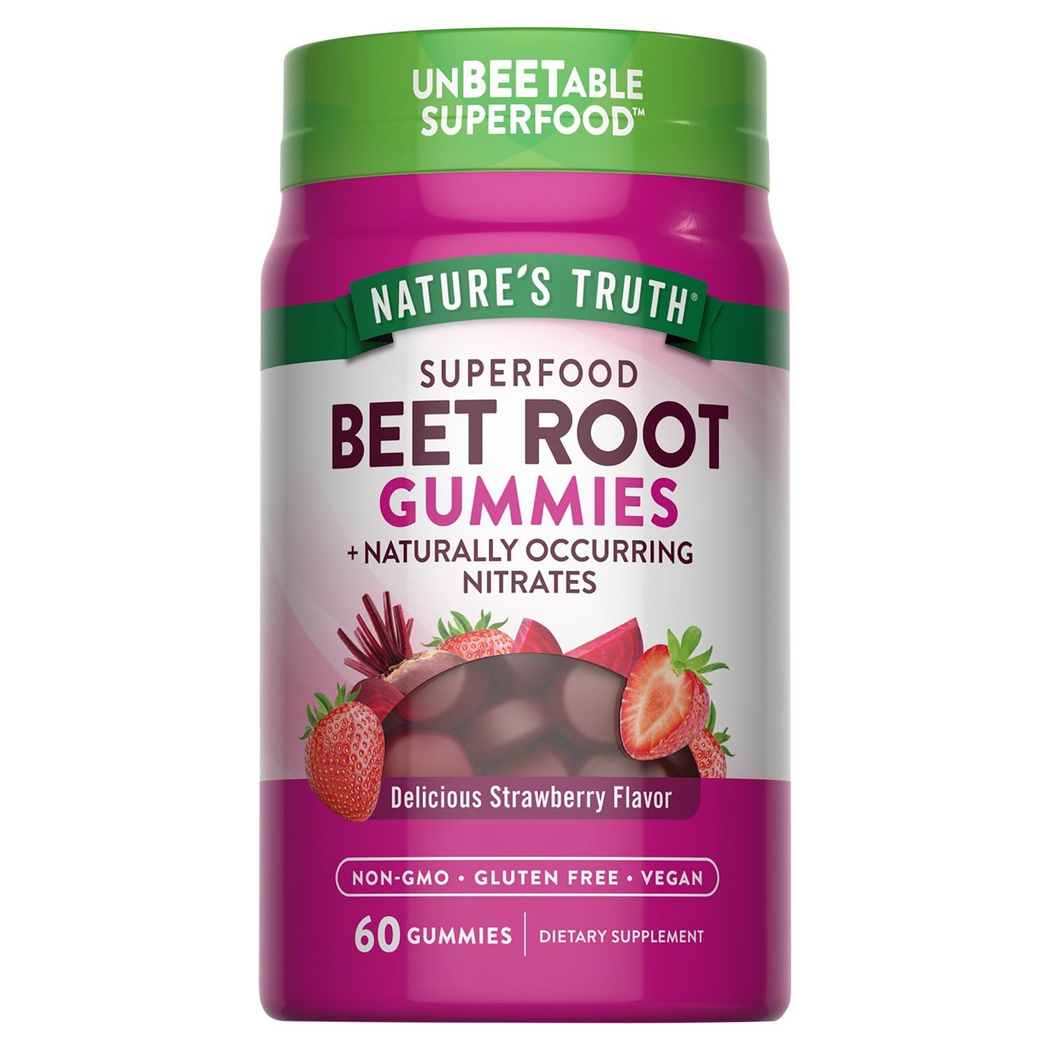 Nature's Truth Superfood Delicious Strawberry Flavor Beet Root Gummies Dietary Supplement, 60 count