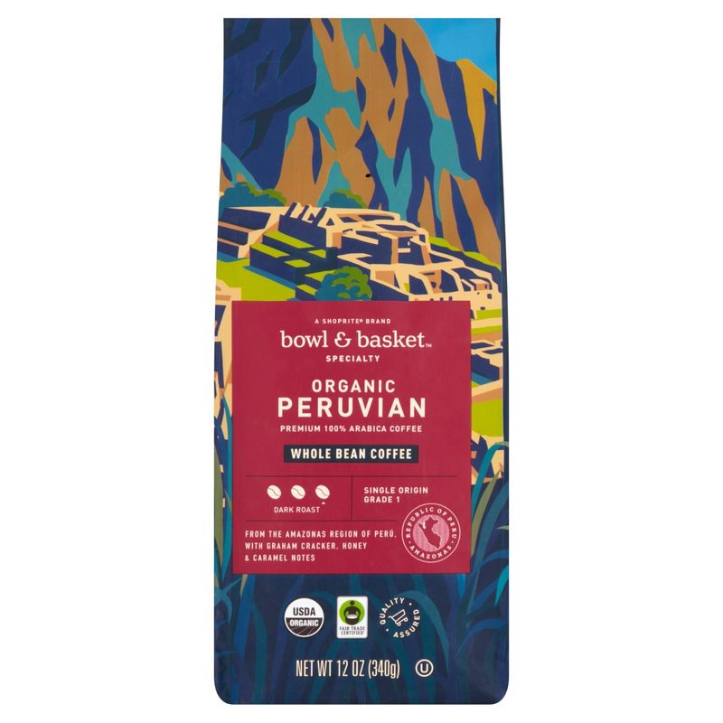 Bowl &amp; Basket Specialty Organic Peruvian Dark Roast Whole Bean Coffee, 12 oz