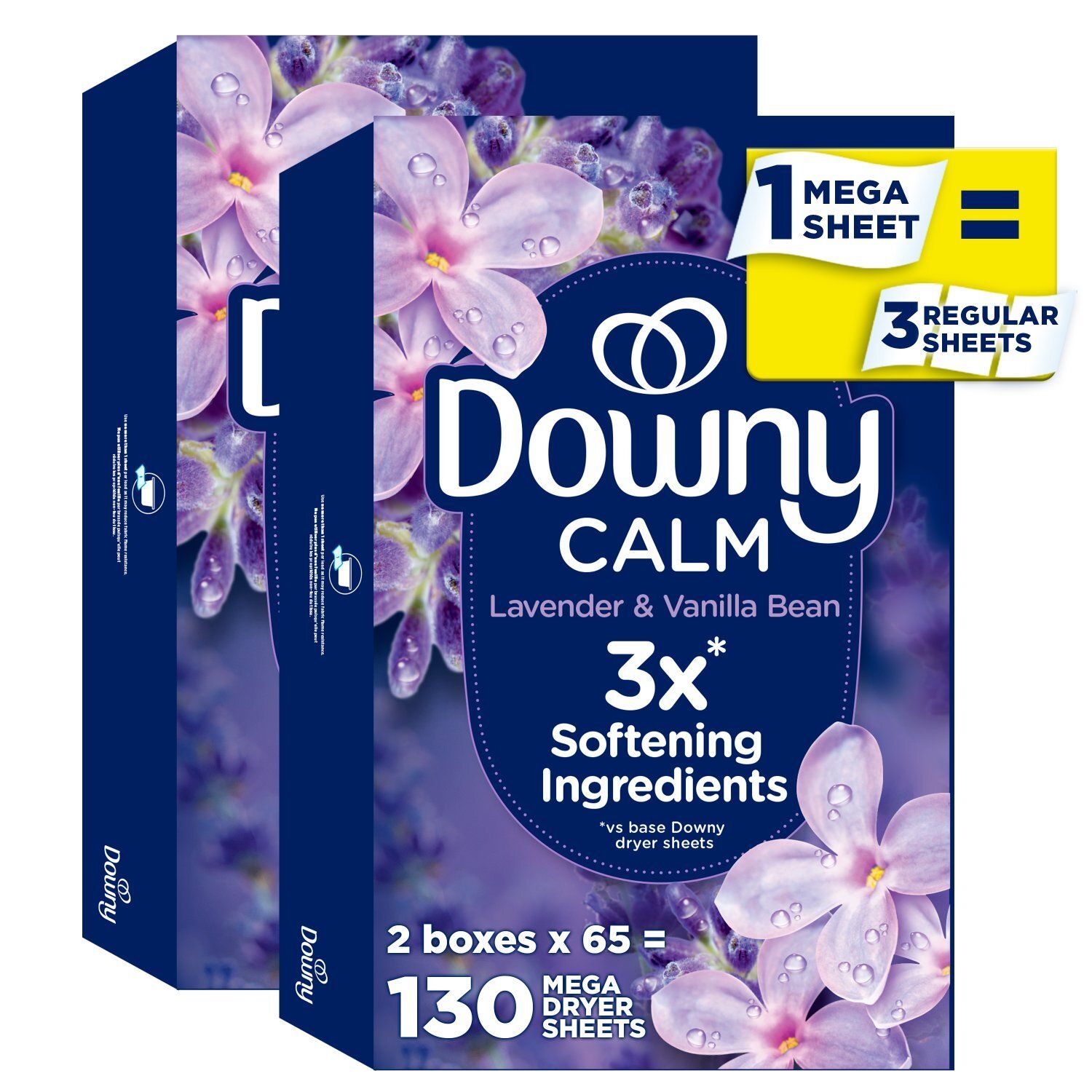 Downy CALM, Mega Dryer Sheets, Laundry Fabric Softener, Lavender and Vanilla Bean, 130 Count