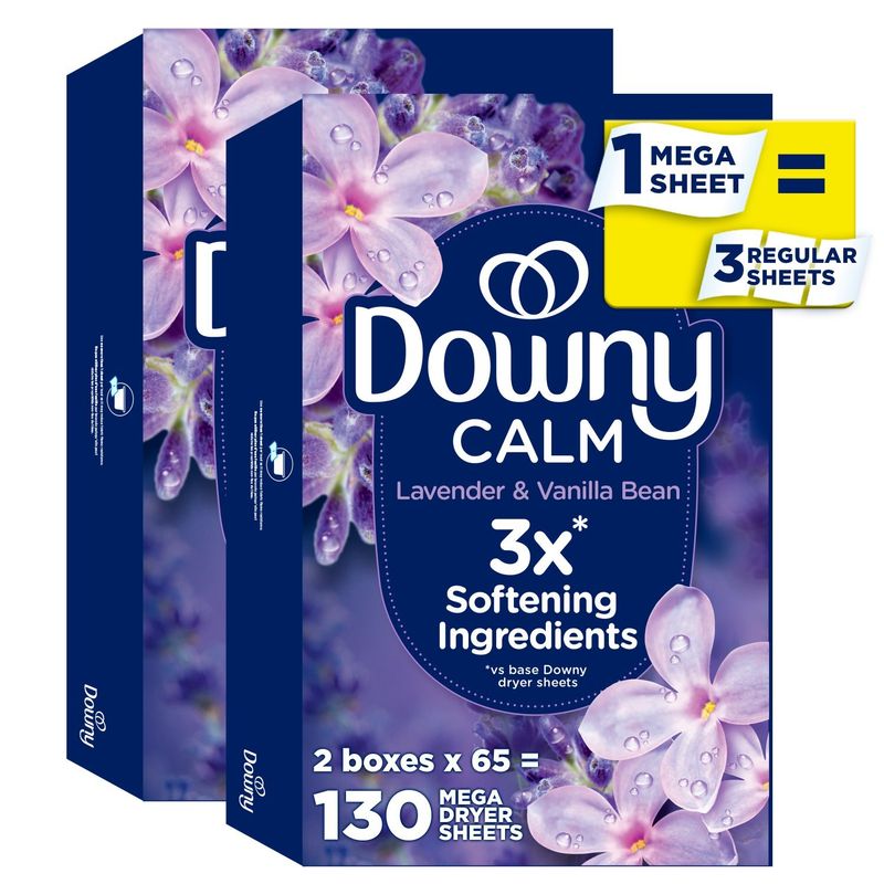 Downy CALM, Mega Dryer Sheets, Laundry Fabric Softener, Lavender and Vanilla Bean, 130 Count