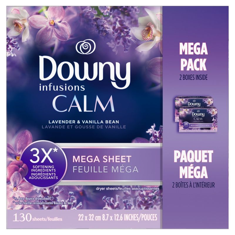 Downy CALM, Mega Dryer Sheets, Laundry Fabric Softener, Lavender and Vanilla Bean, 130 Count