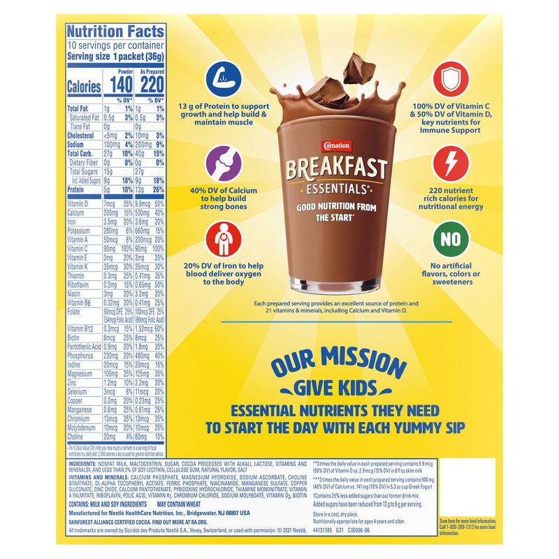 Carnation Breakfast Essentials Rich Milk Chocolate Nutritional Powder Drink Mix, 1.26 oz, 10 count