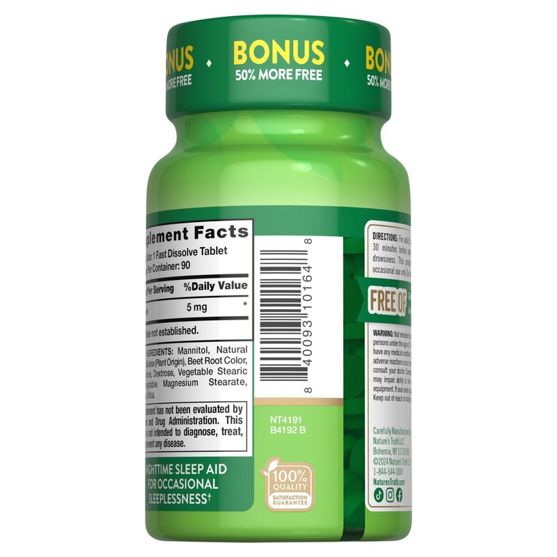 Nature's Truth Natural Berry Flavor Fast Dissolve Sleep Melatonin Dietary Supplement, 5 mg, 90 count