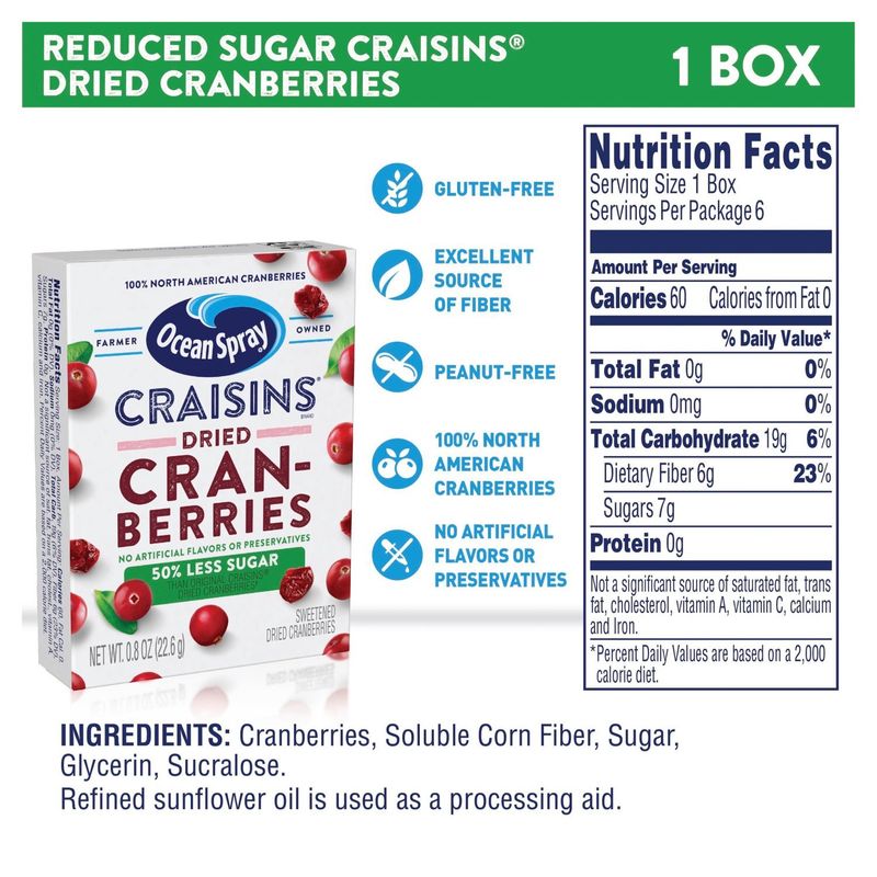 Ocean Spray Craisins 50% Less Sugar Sweetened Dried Cranberries, 0.8 oz, 6 count