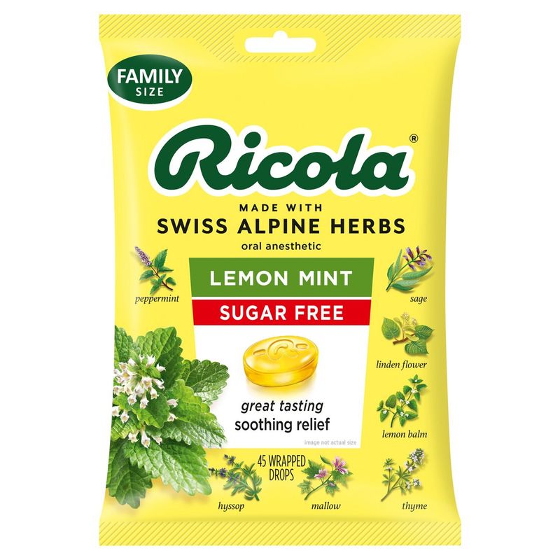 Ricola Sugar Free Lemon Mint Oral Anesthetic Drops Family Size, 45 count