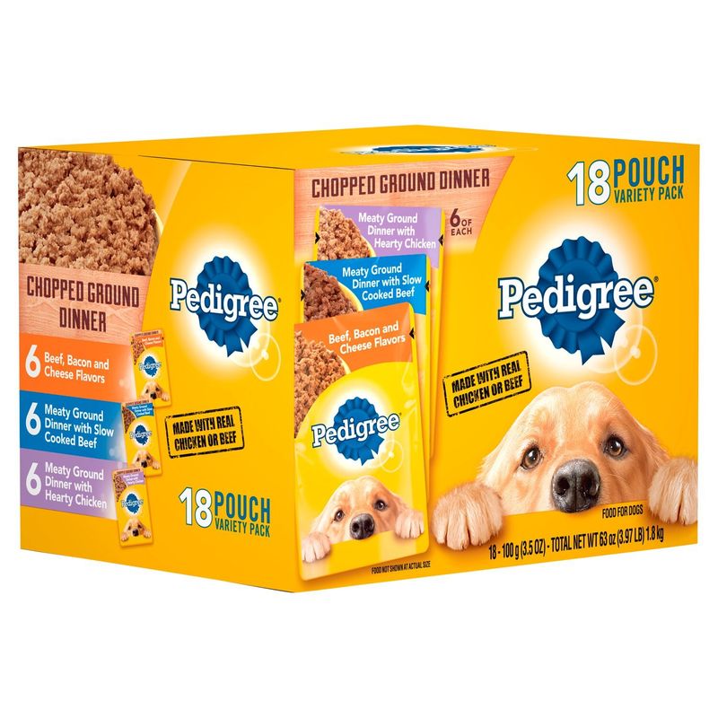 PEDIGREE Adult Wet Meaty Dog Food w Chicken, Beef, and Beef, Bacon &amp; Cheese, (18) 3.5 oz. Pouches