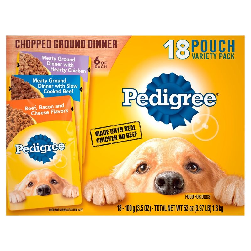 PEDIGREE Adult Wet Meaty Dog Food w Chicken, Beef, and Beef, Bacon &amp; Cheese, (18) 3.5 oz. Pouches